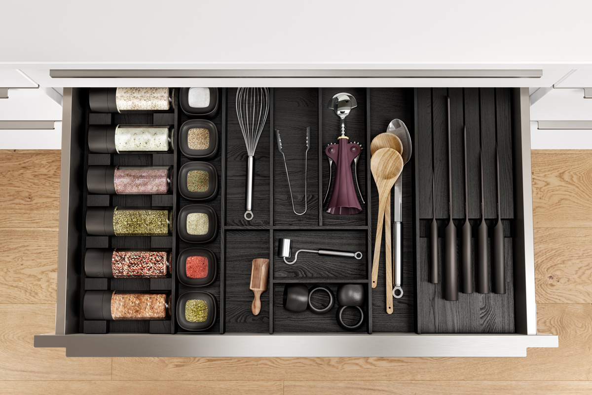 Clever én mooi: universeel indelingssysteem van essenhout met aparte scheidingswanden van massief hout en 6 voorraaddozen.